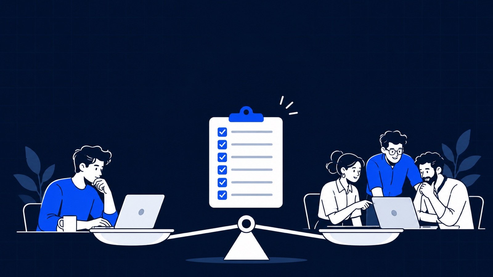A freelancer working alone on one side and a small team working together on the other, with a checklist balanced between them